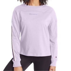 CHAMPION Womens Purple Ribbed Pullover Long Sleeve Crew Neck T-Shirt
